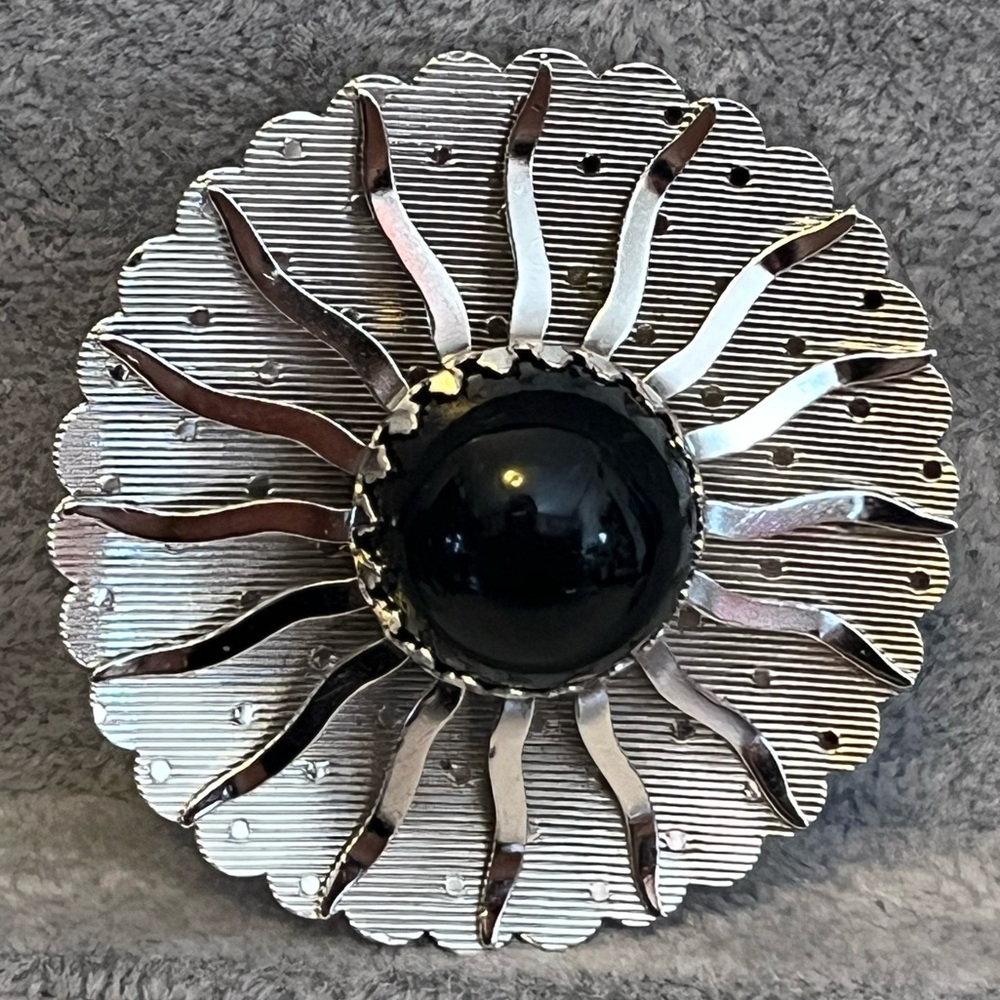 Sarah Coventry Silver and Black Sunburst Brooch